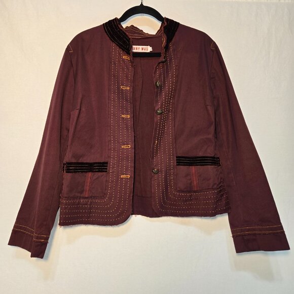 JOHNNY WAS Grunge BURGANDY Frayed Raw Edge Hem Utility Jacket Size L New NO Tag! - Picture 2 of 16